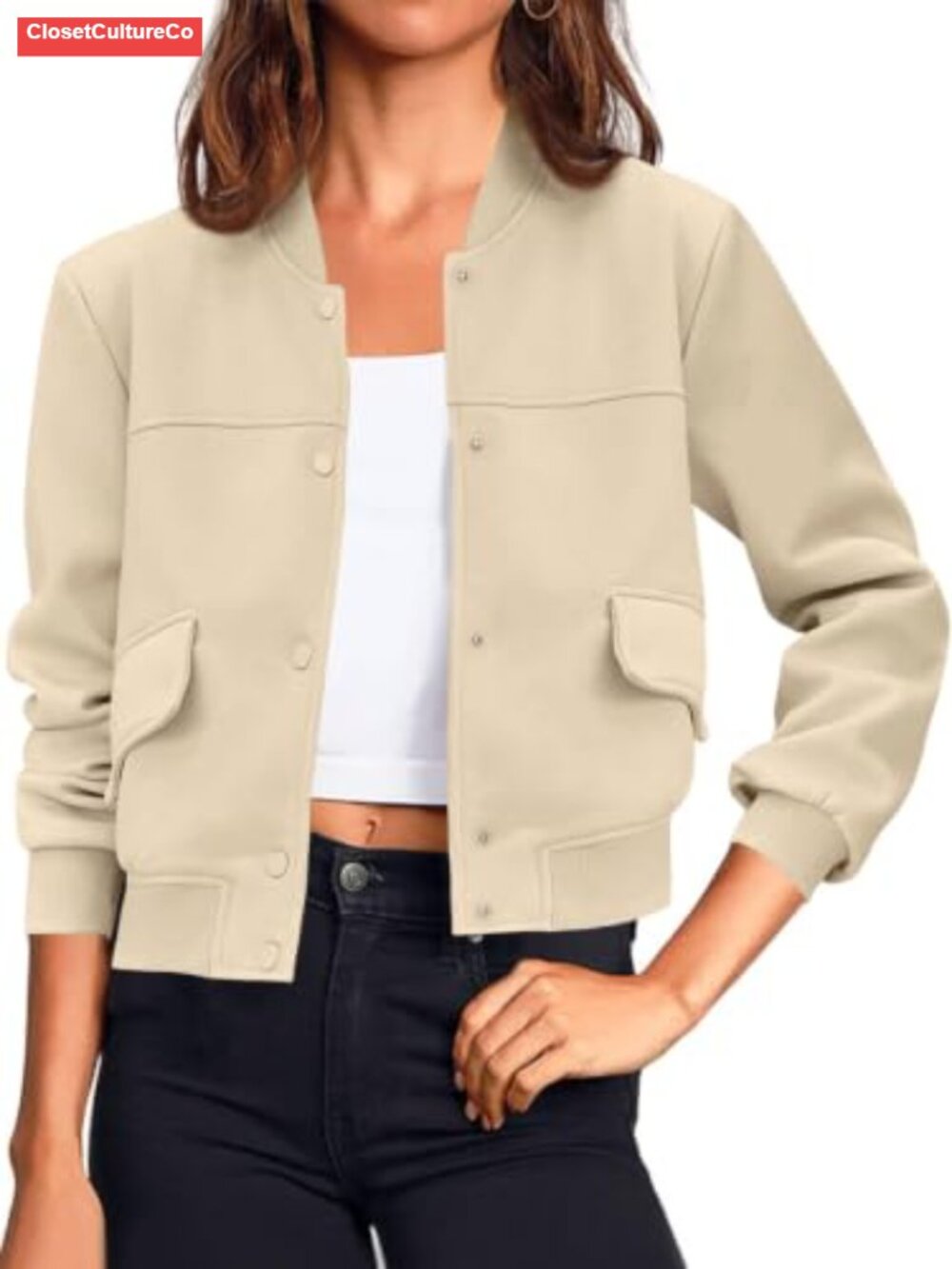 Womens Cropped Bomber Jacket Button Down Varsity Shacket Casual
